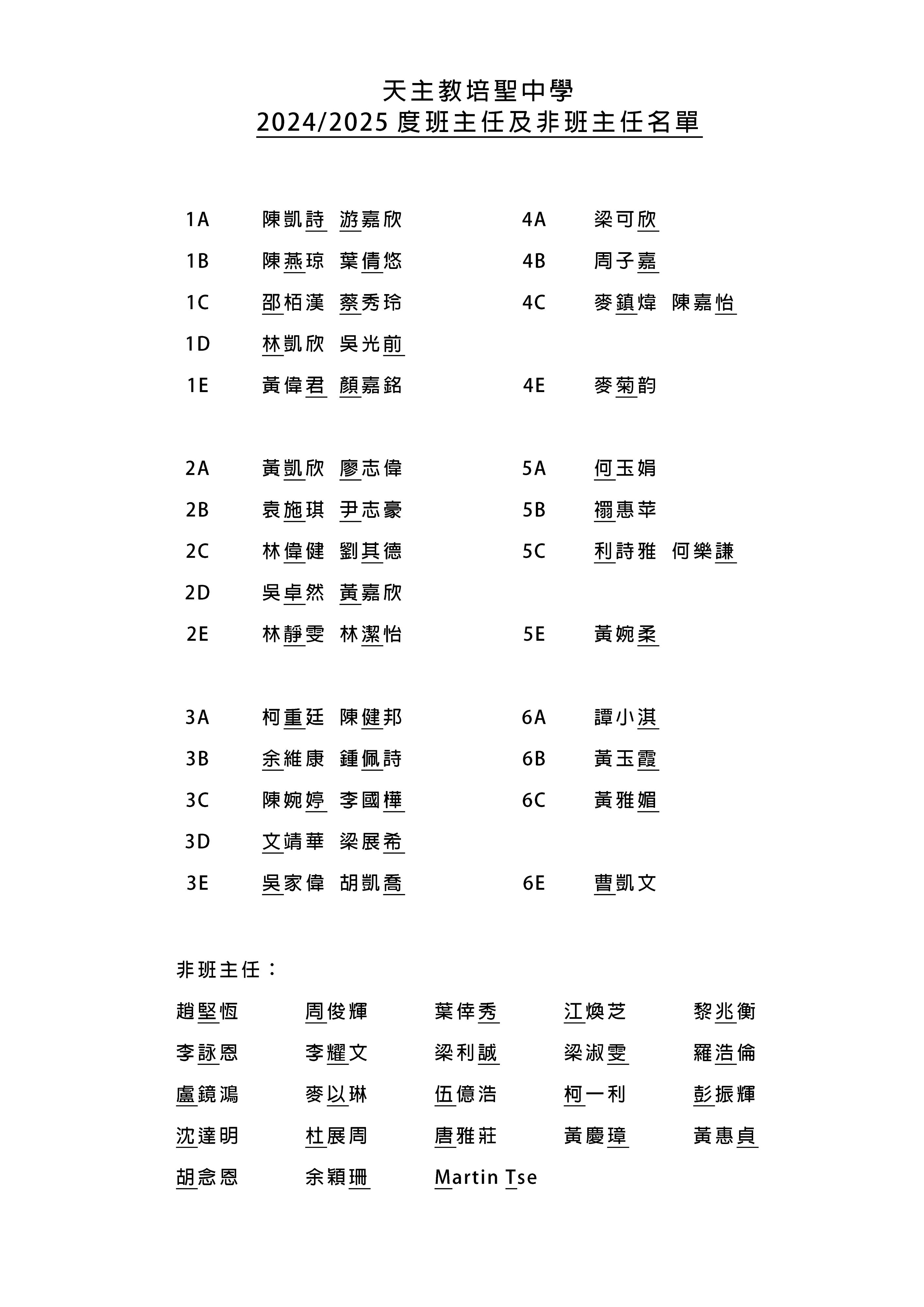 2024 2025年度班主任及非班主任名單